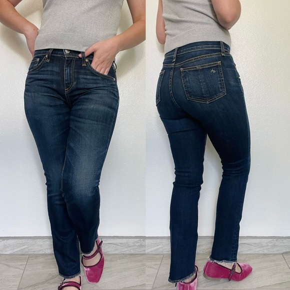 Rag & Bone | Dark Wash Straight Leg Mid-Rise Crop Jeans Frayd Doheny - Picture 9 of 9